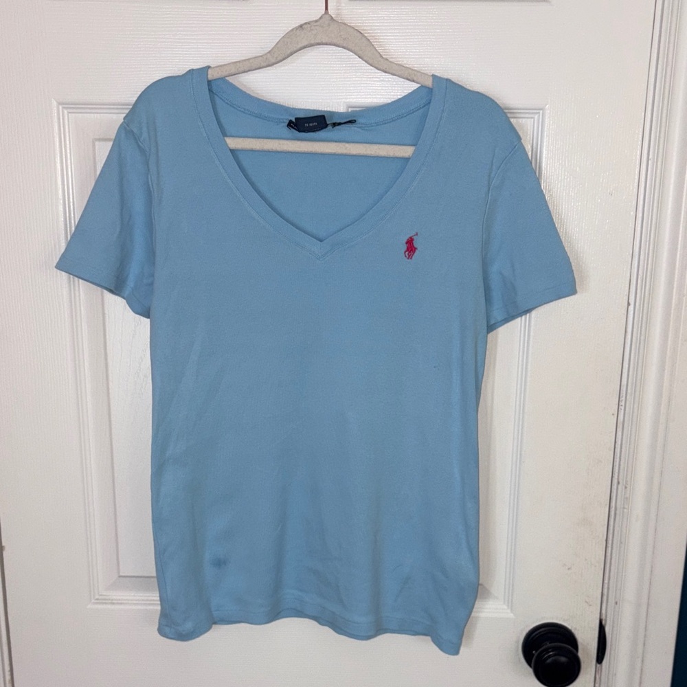 Ralph Lauren Light Blue V-Neck Short Sleeve Tee with Pink Pony